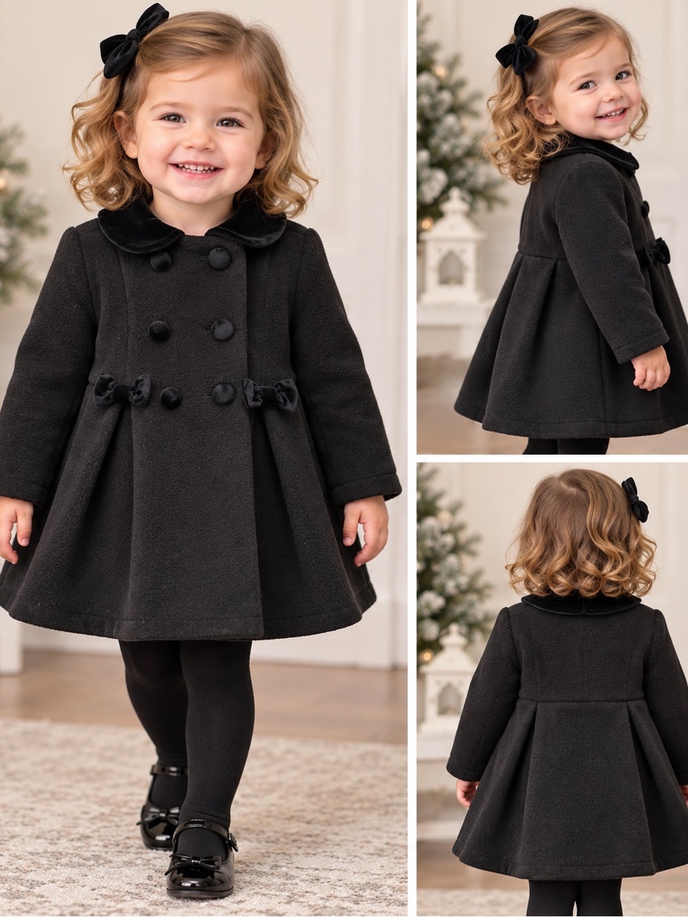 Starting Out Girls 2T Black Dress Coat Velvet Collar Bow Double Breasted